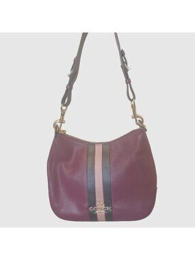 Coach Jes Hobo Shoulder Bag Pebbled Dark Berry Leather Racing Stripes No F80643